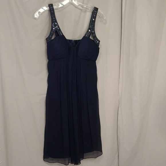 Sexy Silk Mini Dress Sheer Navy Blue Beaded Straps Plunge Neckline Party Evening - Picture 8 of 8